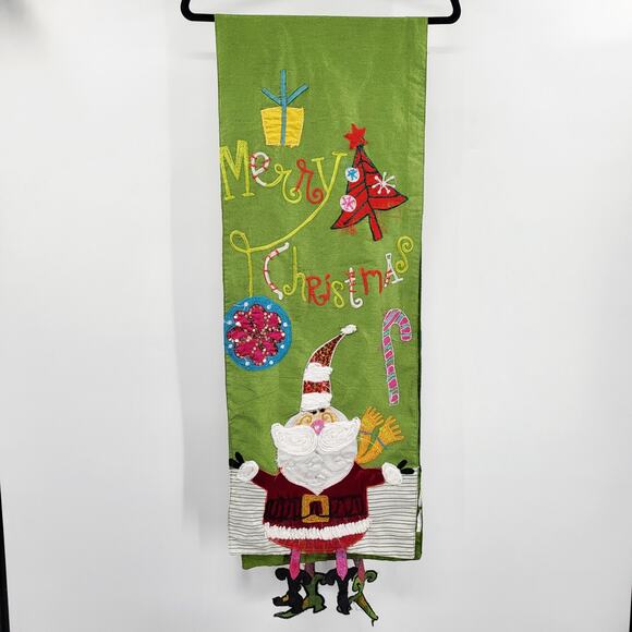 Merry Christmas Santa Themed Wall Banner Table Runner Embroidered Holiday Decor - Picture 4 of 7